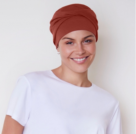 bonnet chimio, bonnet cancer, bonnet viva, bonnet viva calin, house of christine headwear, elite hair international, terracotta